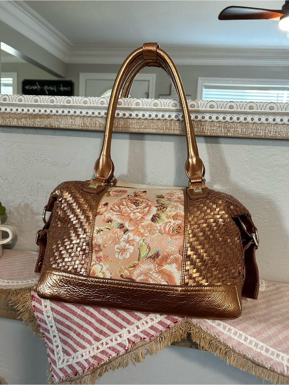 Sharif Floral Peach and Copper Satchel Shoulder Bag